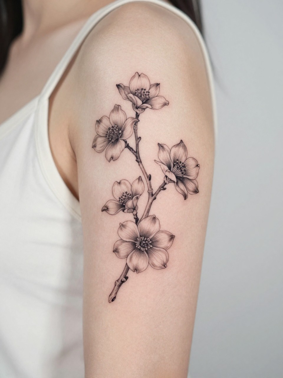Image Prompt: "Close-up of a dogwood branch tattoo on the upper arm, black ink floral design with fine line branch, soft open blooms, and soft grey shading, medium-size composition, realistic skin texture, sleeveless blouse edge softly visible, modern feminine tattoo inspiration image, minimal clean background, tattoo dominates the image (no watermarks on images)"