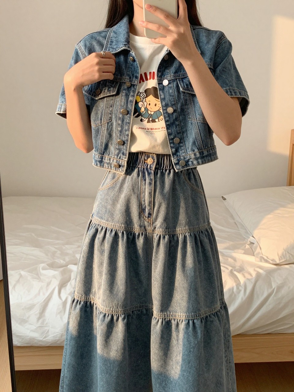 iPhone mirror selfie of a woman in a graphic tee and tiered skirt, tying a denim jacket, cropped at NECK so face doesn't show, in a feminine-themed bedroom, evening golden hour, iPhone photo quality.