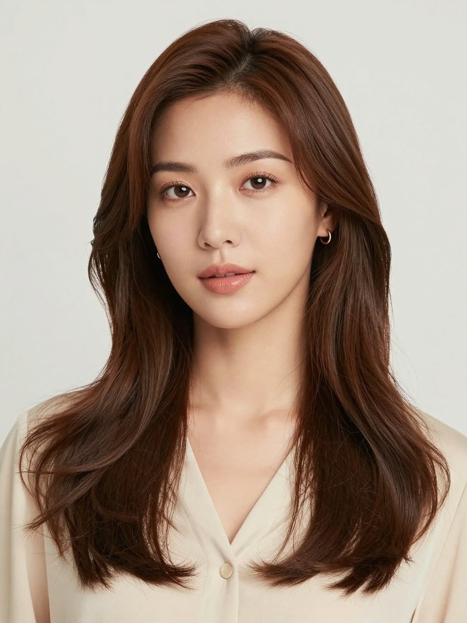 : A pretty Asian woman with tan skin and long beige brown hair, soft muted brown shade with beige undertones, center part, loose glossy waves, fresh natural makeup, nude glossy lips, small gold earrings, cream blouse, bright neutral studio background, soft flattering light, realistic DSLR beauty editorial portrait, detailed beige brunette shine and smooth texture, no text, (no watermarks on images)
