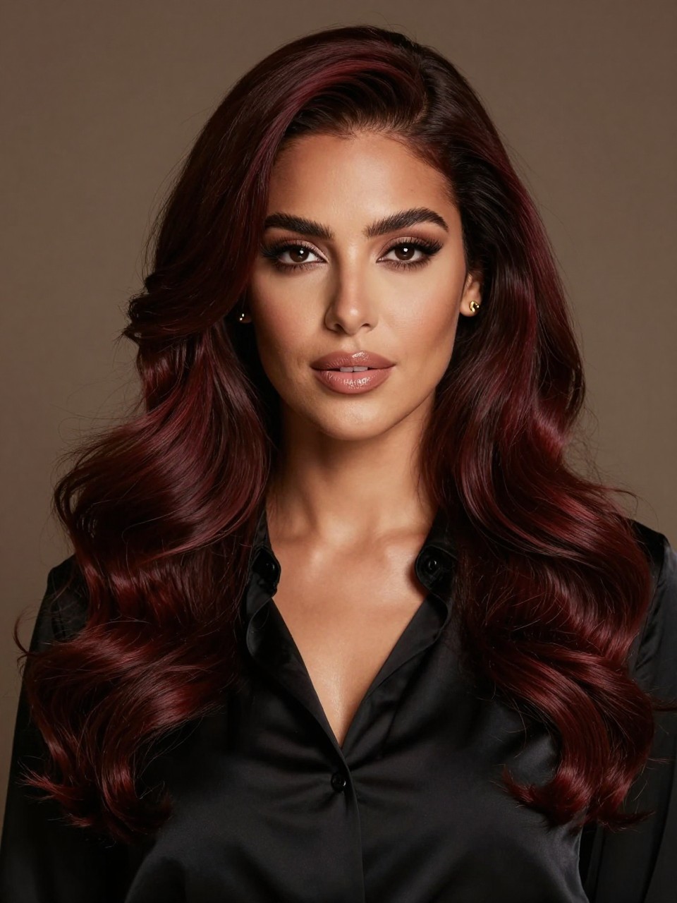 Image Prompt: A gorgeous woman with long dark mahogany brown hair, deep espresso-brown base with subtle mahogany red undertones, side part, soft loose curls, medium-deep skin tone, soft glam makeup, nude glossy lips, gold studs, black satin blouse, moody indoor studio background, soft warm lighting, realistic DSLR beauty portrait, detailed dark red-brown shine and curl movement, no text, (no watermarks on images)
