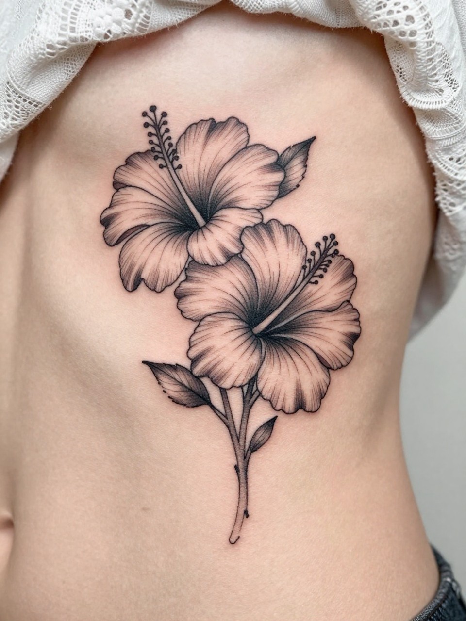 Image Prompt: "Extreme close-up of a double hibiscus stem tattoo on the ribcage, black ink fine line floral design with two open blooms, curved stems, soft grey shading, realistic skin texture, lace fabric edge softly visible, design-first composition, minimal background, feminine modern tattoo photo, tattoo dominates the frame (no watermarks on images)"