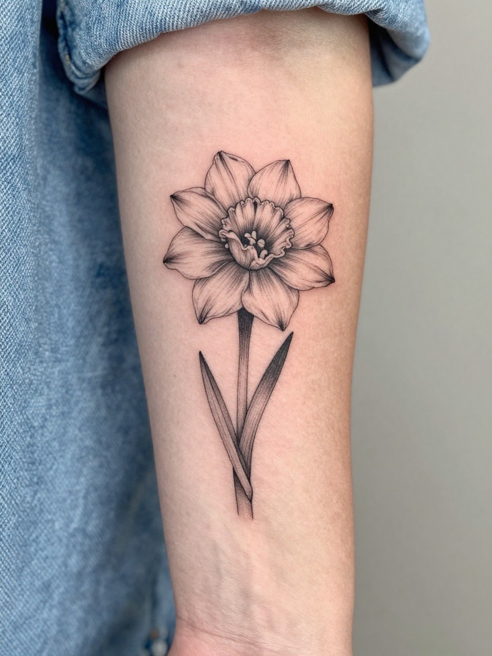 Image Prompt: "Close-up of a single narcissus stem tattoo on the forearm, black ink fine line floral design with soft layered bloom, slender stem, subtle grey shading, realistic skin texture, light denim sleeve softly blurred near the edge, design-first composition, feminine modern tattoo inspiration photo, minimal background (no watermarks on images)"
