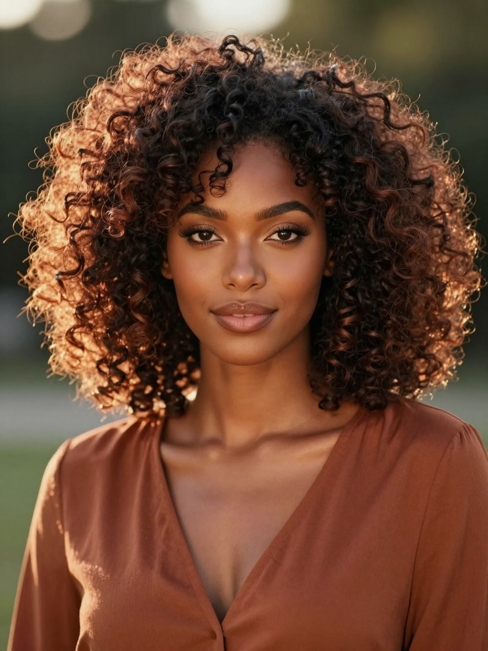 Image Prompt: A beautiful Black woman with voluminous curly hair, dark natural roots blending into reddish brown ombré ends, bouncy defined curls with shine, rich brown skin, warm glowing makeup, rust-toned blouse, outdoor golden-hour lighting, softly blurred natural background, beauty editorial portrait, realistic DSLR quality, visible smooth color transition, no text, (no watermarks on images)