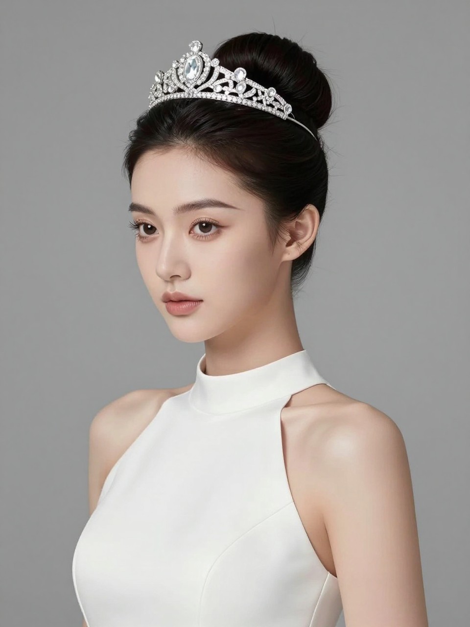 A clean high-fashion bridal beauty shot showing a sleek high bun with smooth edges, a bold crystal statement tiara placed at the front of the bun, dark hair pulled tight and polished, minimalist white wedding gown with high neckline, glowing bridal makeup, studio-style soft lighting, modern luxury bridal editorial photo, no text, no watermark, no watermarks on images.