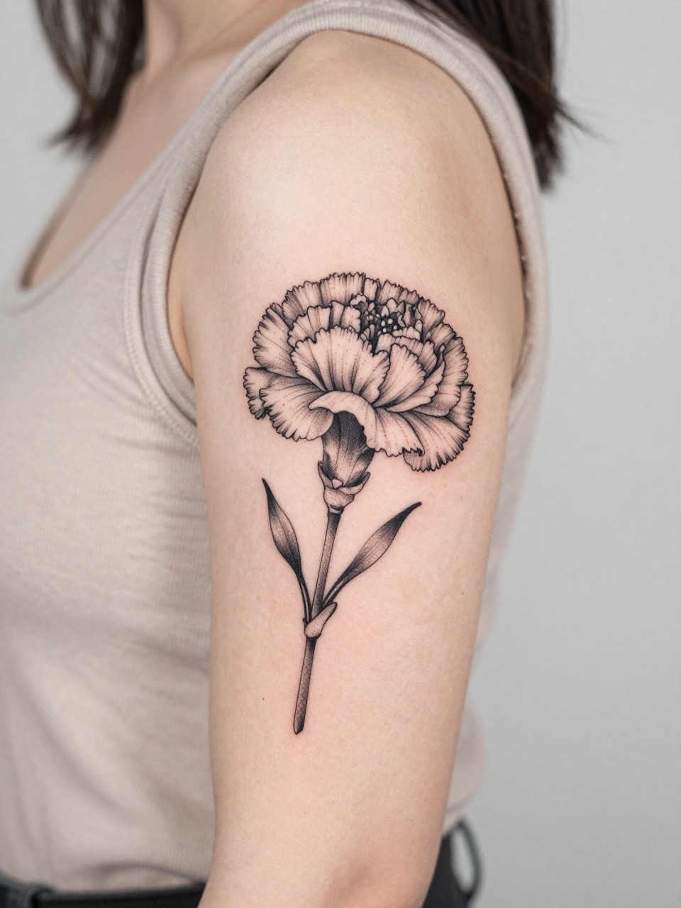 Image Prompt: "Close-up of a carnation tattoo with soft dotwork accents on the upper arm, black ink fine line floral design, layered ruffled petals, subtle shading, delicate dotwork detail, realistic skin texture, sleeveless neutral top softly visible, feminine lifestyle-inspired tattoo image, minimal clean background, tattoo is the main focus (no watermarks on images)"