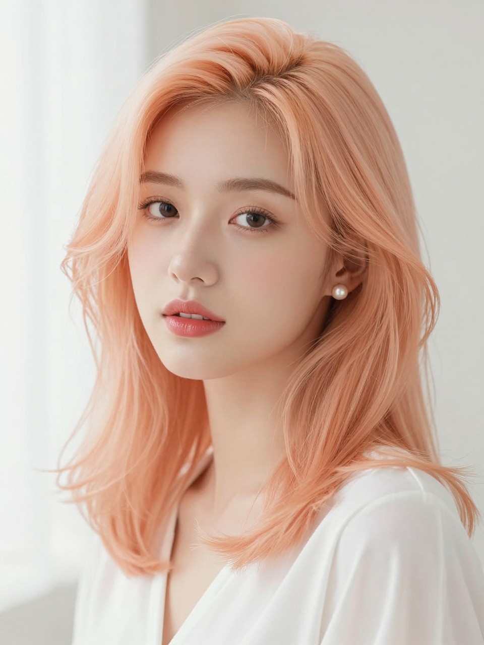 Image Prompt: A pretty woman with medium-length pastel peach hair, soft muted peach color with light pink-orange undertones, smooth blowout waves, fresh glowy makeup, glossy pink lips, small pearl earrings, white blouse, bright airy studio background, soft daylight, realistic DSLR beauty editorial portrait, detailed pastel peach color and soft hair texture, no text, (no watermarks on images)
