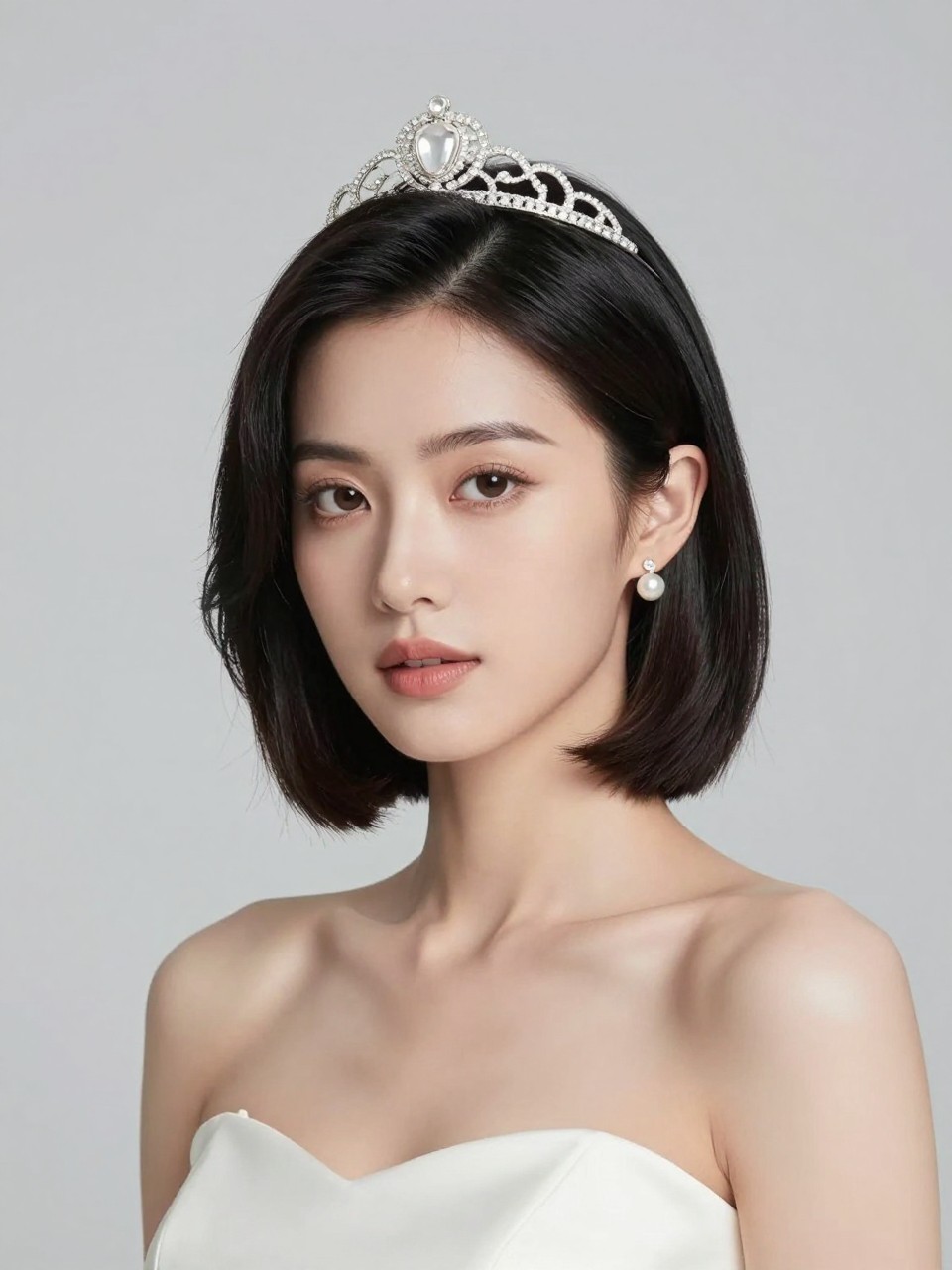A photorealistic of a blonde white woman bridal beauty portrait showing a sleek chin-length bob with soft inward bends, a small delicate tiara placed slightly behind the hairline, glossy black hair, pearl earrings, satin bridal dress neckline, clean makeup, minimal studio background, modern bridal editorial photography, no text, no watermark, no watermarks on images.