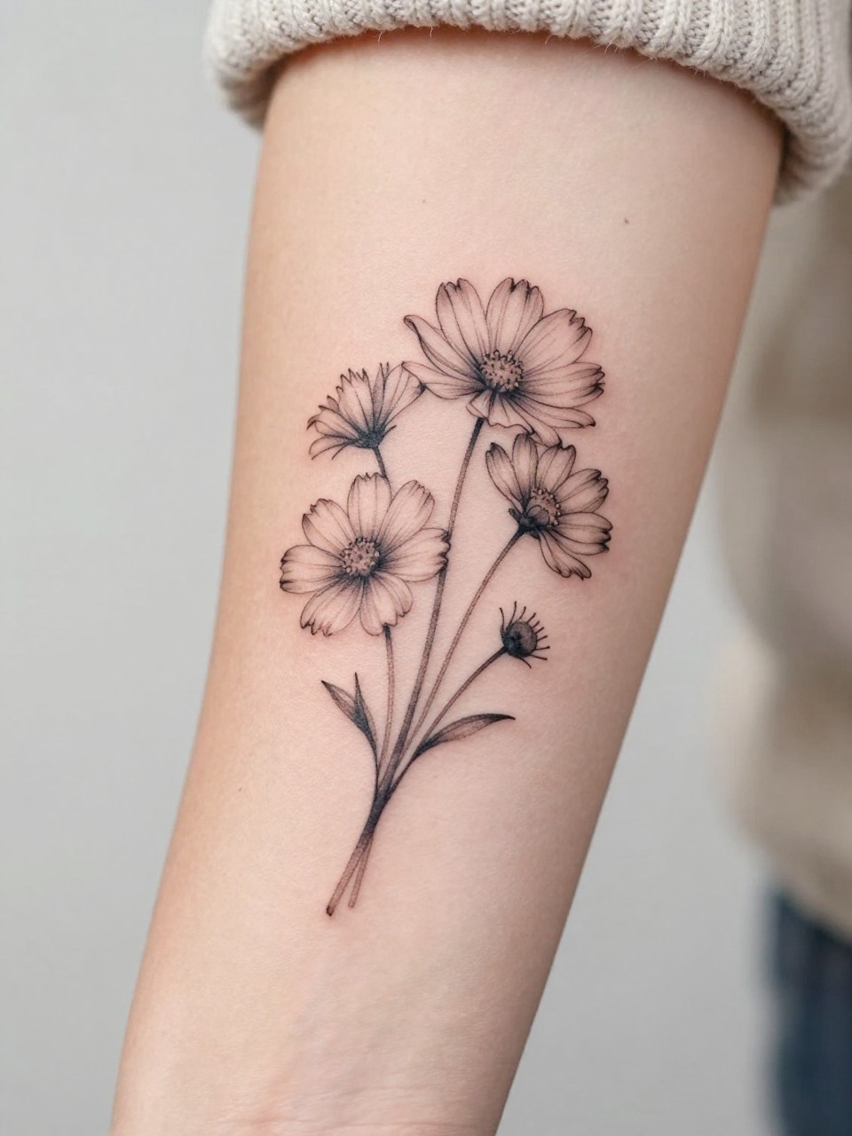 Extreme close-up of a small cosmos bouquet tattoo on the forearm, black ink fine line floral design with multiple delicate blooms, soft shading, elegant stem arrangement, realistic skin texture, neutral manicure, soft knit fabric slightly visible, design-focused tattoo inspiration photo, clean minimal background (no watermarks on images)