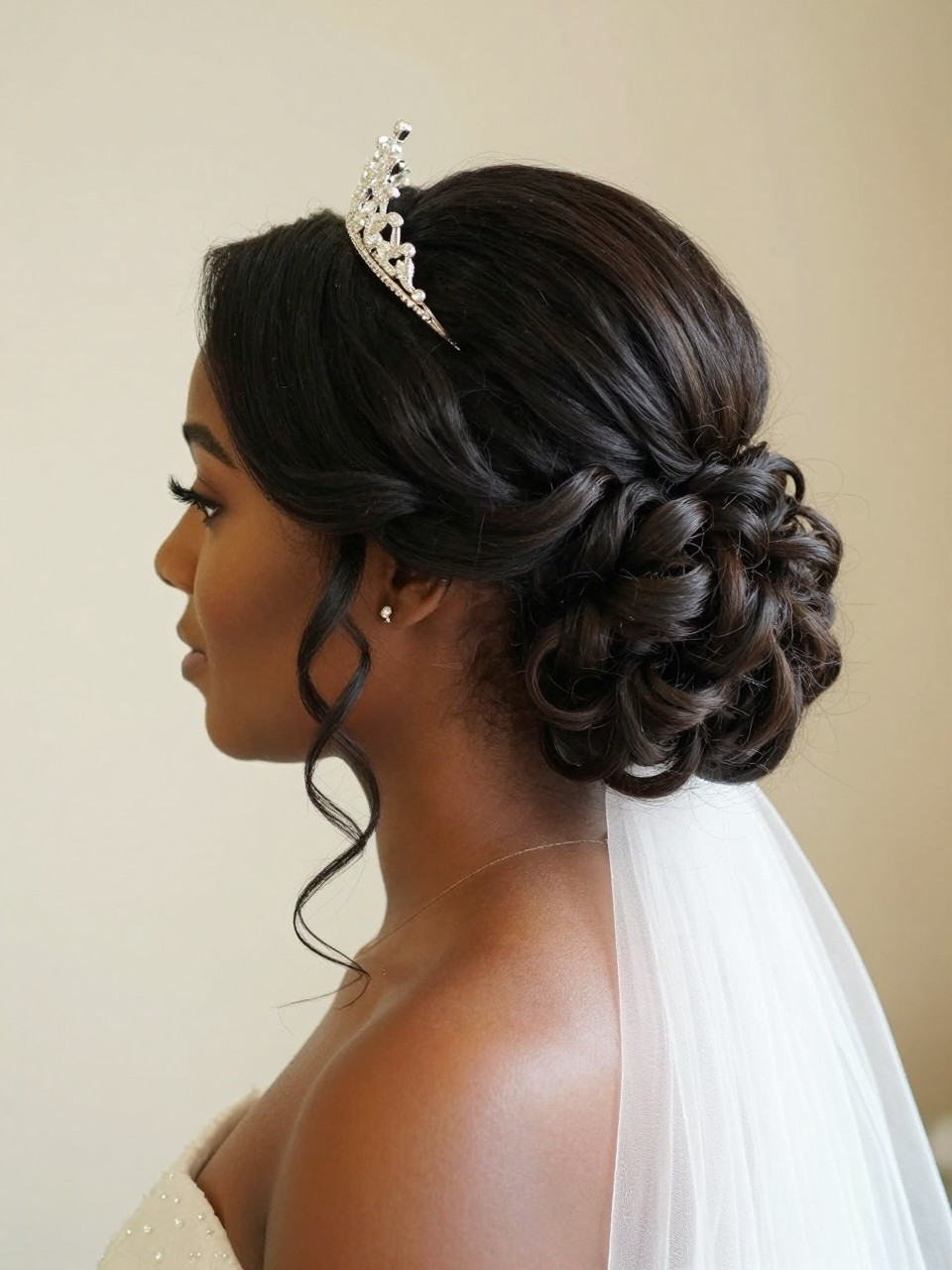 A photorealistic black woman bridal hairstyle from a side-back angle showing a loose textured updo with soft pinned curls, gentle volume at the crown, a dainty silver tiara placed above the updo, a few curled tendrils around the face, ivory tulle veil, romantic wedding morning setting, soft cream background, natural light, no text, no watermark, no watermarks on images.