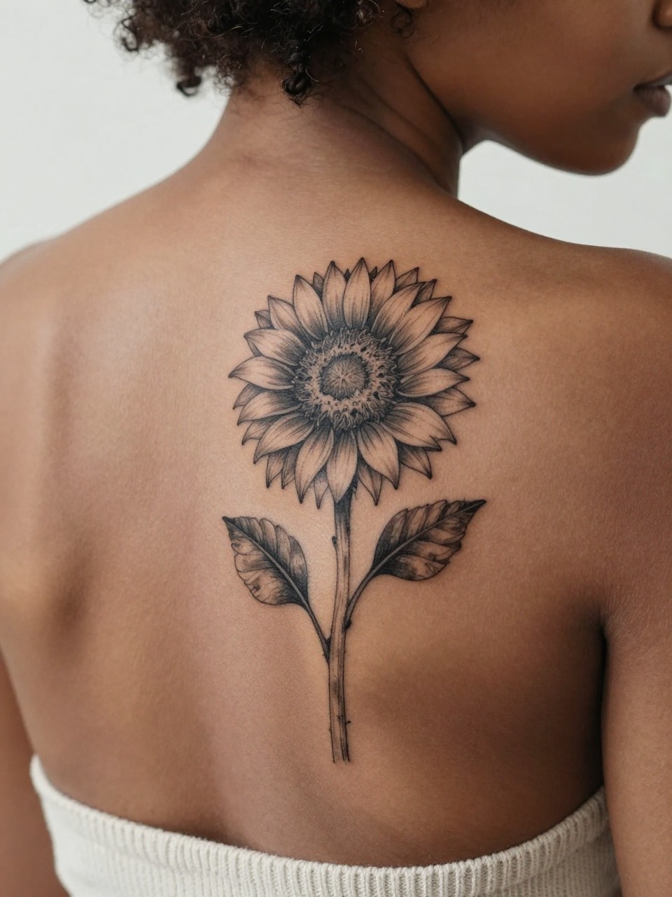 Image Prompt: "Close-up of a sunflower and wildflower tattoo on the upper back of a black woman, black and grey floral design with layered petals, fine line stems, soft shading, realistic skin texture, soft knit fabric barely visible near the lower edge, feminine modern tattoo inspiration image, clean background, tattoo dominates the composition (no watermarks on images)"