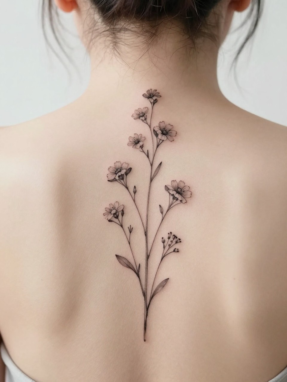 Image Prompt: "Extreme close-up of a fine line wildflower tattoo running down the spine, delicate black ink floral design with tiny blooms, thin stems, soft grey shading, elegant vertical layout, realistic skin texture, hair pinned up, design-focused close-up, feminine modern tattoo inspiration photo, clean soft background, tattoo is the clear main subject (no watermarks on images)"