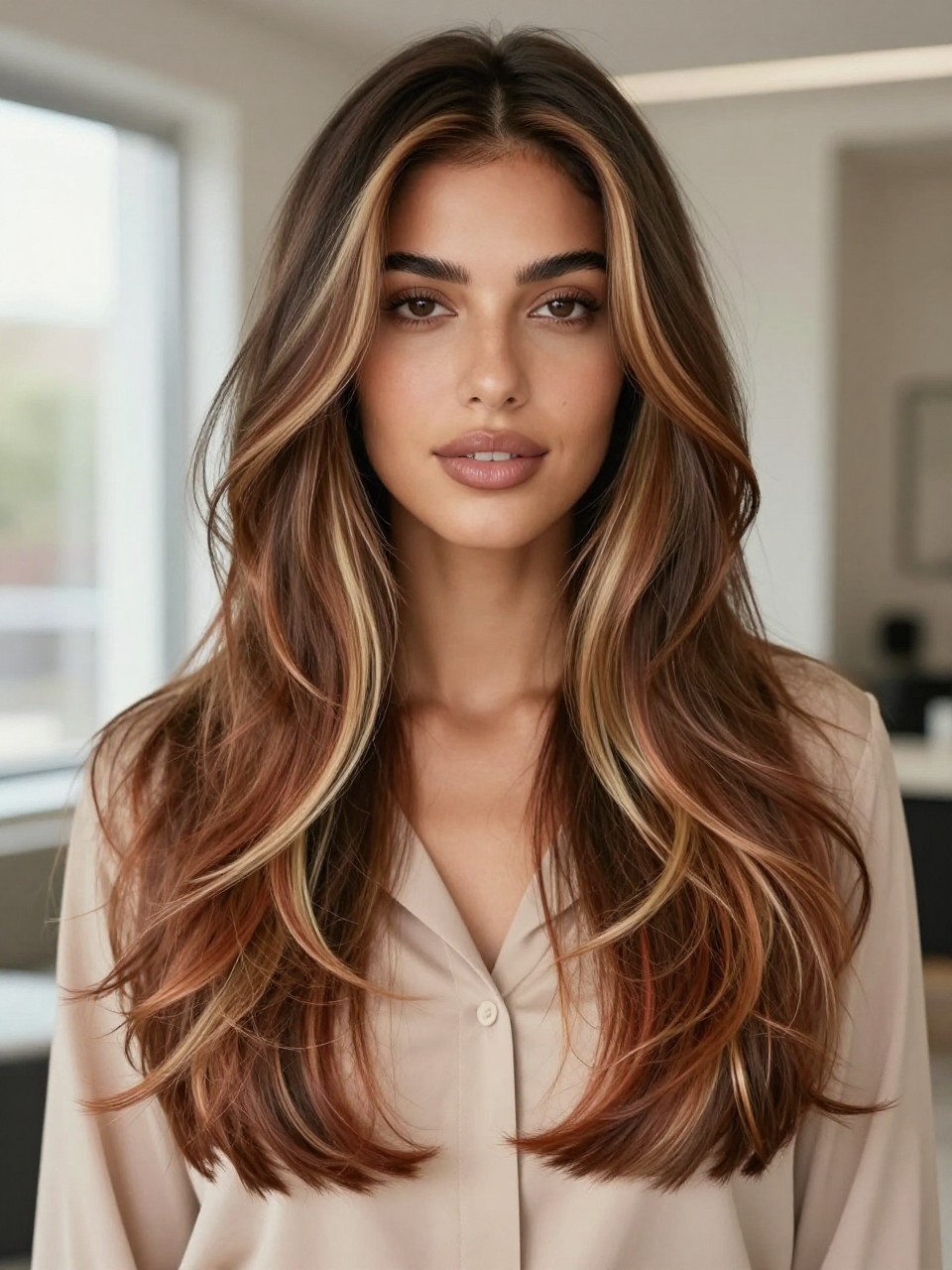 Image Prompt: A gorgeous woman with long dark brown hair and soft calico balayage, dark brunette roots with hand-painted copper, caramel, and creamy blonde pieces through the mid-lengths and ends, loose waves, smooth blended color with calico-inspired contrast, warm medium-brown skin, natural glam makeup, glossy lips, beige blouse, modern indoor background, soft window light, realistic beauty editorial portrait, detailed color placement, no text, (no watermarks on images)
