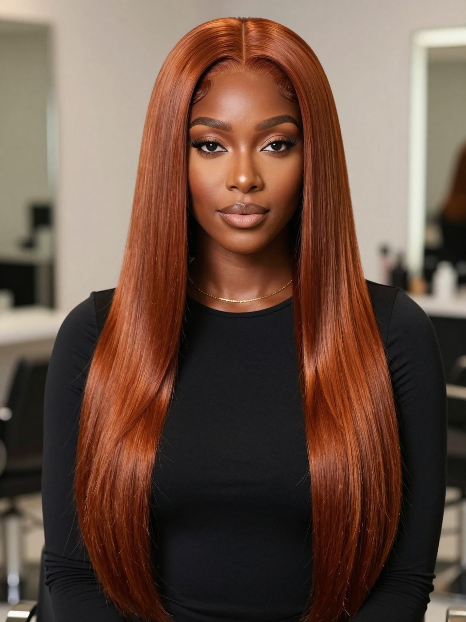 Image Prompt: A stunning Black woman with a long sleek silk press dyed warm ginger copper, center part, silky straight strands with glossy shine, smooth laid edges, medium brown skin with warm undertones, soft glam makeup, gold necklace, fitted black top, luxury salon-inspired setting with softly blurred background, soft even lighting, waist-up beauty portrait, editorial DSLR photography, highly realistic, no text, (no watermarks on images)