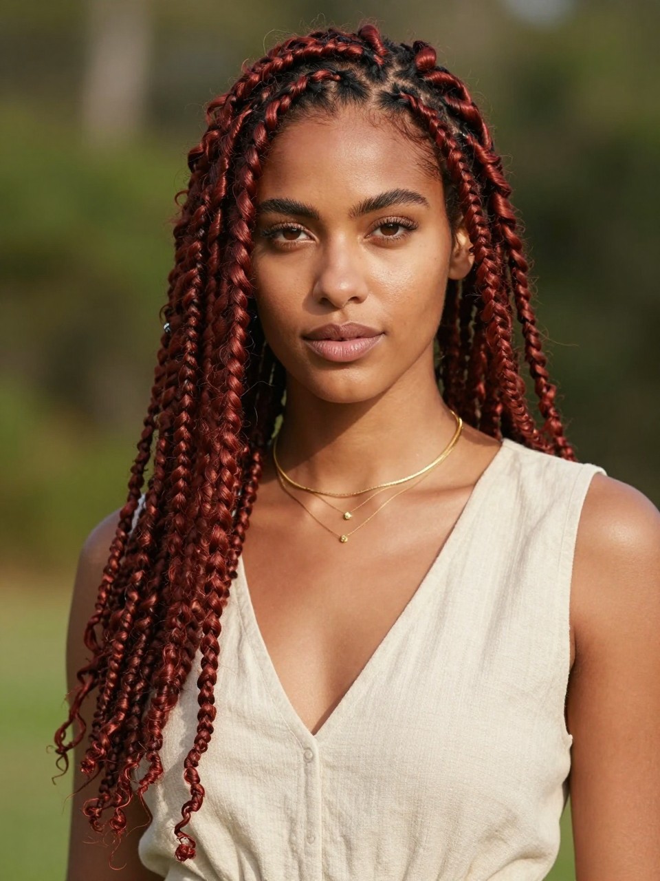 Image Prompt: A stunning woman with shoulder-length mahogany brown locs, neatly maintained loc texture, rich red-brown color with soft shine, a few locs framing the face, deep brown skin, natural glowing makeup, layered gold necklaces, cream linen dress, outdoor natural setting with softly blurred greenery, warm sunlight, realistic lifestyle editorial portrait, detailed loc texture and mahogany brown color, no text, (no watermarks on images)