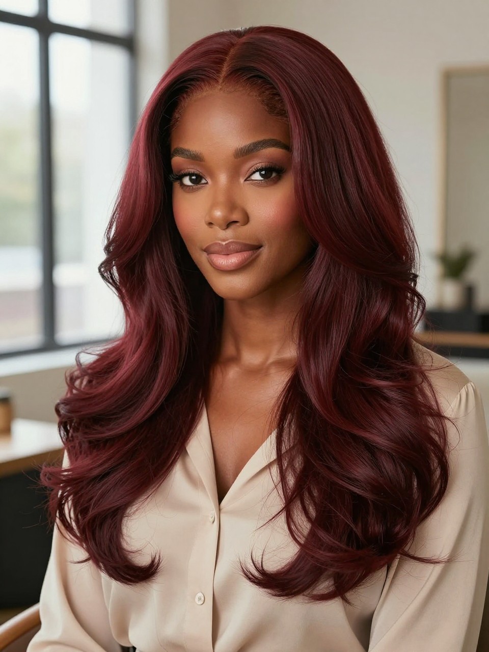 Image Prompt: A beautiful Black woman with long layered hair colored dark reddish brown, soft feathered layers, loose curls at the ends, glossy healthy finish, deep warm red-brown tone, dark brown skin, soft matte makeup with peach blush, beige blouse, cozy upscale indoor setting, natural-looking window light, realistic beauty editorial portrait, visible color dimension through the layers, no text, (no watermarks on images)