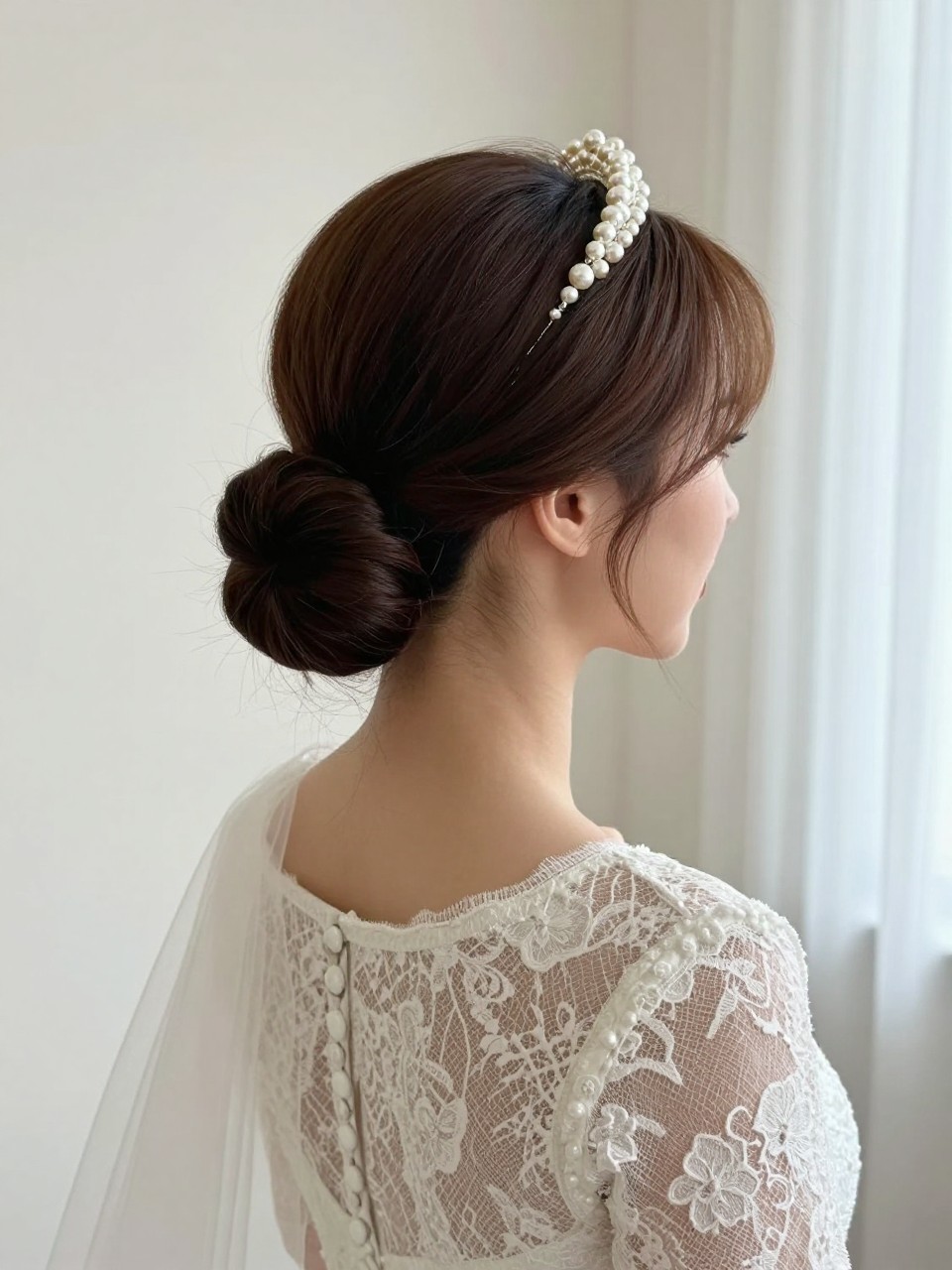 Image Prompt: A realistic bridal portrait from the back and slight side angle showing a smooth low bun at the nape, soft face-framing pieces, a pearl tiara placed neatly above the bun line, ivory veil tucked underneath, lace wedding dress with button-back detail, clean bridal suite background, soft natural window light, elegant wedding hair photography, no text, no watermark, no watermarks on images.