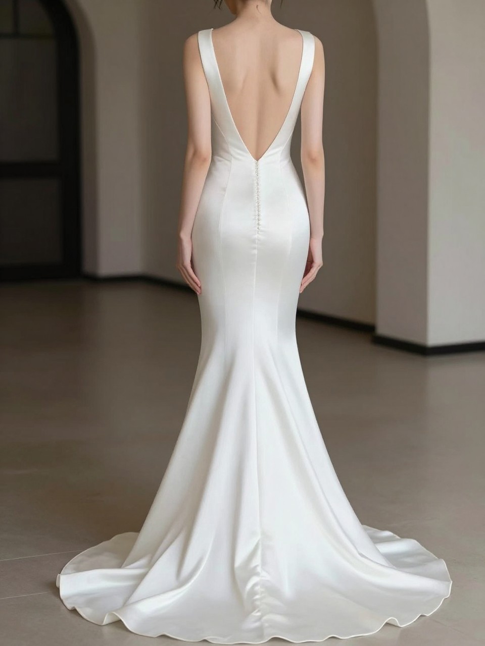 Image Prompt: A luxury bridal editorial photo of a silk mermaid wedding dress with an open back in an upscale indoor venue or elegant bridal studio. Show the bride from the neck down or from behind with the face fully hidden. The gown has a fitted silk bodice and hips, sculpted mermaid silhouette, elegant open back, and a soft flared hem with a train. Use flattering natural light, realistic silk sheen, refined bridal styling, high-end magazine quality, no visible face, no text, no watermark. (no watermarks on images)