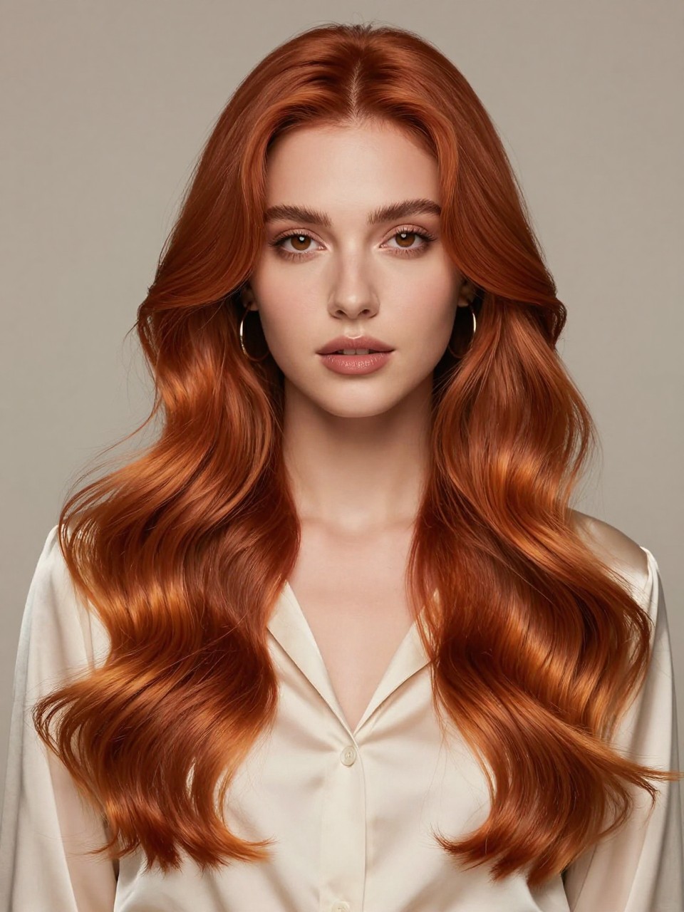 Image Prompt: A beautiful woman with long soft waves dyed classic copper fox tail hair color, deep copper roots blending into warm ginger-orange mid-lengths and lighter golden copper ends, glossy healthy shine, center part, warm brown skin, soft glam makeup, gold hoop earrings, cream satin blouse, warm studio lighting, clean neutral background, beauty editorial portrait, realistic DSLR photography, detailed color blend and wave texture, no text, (no watermarks on images)
