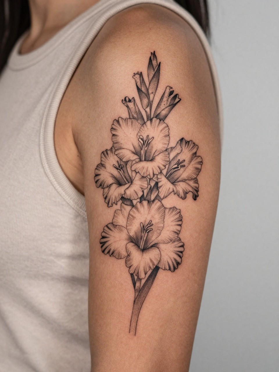 "Extreme close-up of a gladiolus flower tattoo on dark skin with soft dotwork accents on the upper arm, black ink fine line floral design, stacked blossoms, subtle dotwork detail, light shading, realistic skin texture, sleeveless neutral top softly visible, feminine lifestyle-inspired tattoo image, minimal clean background, tattoo is the main focus (no watermarks on images)"