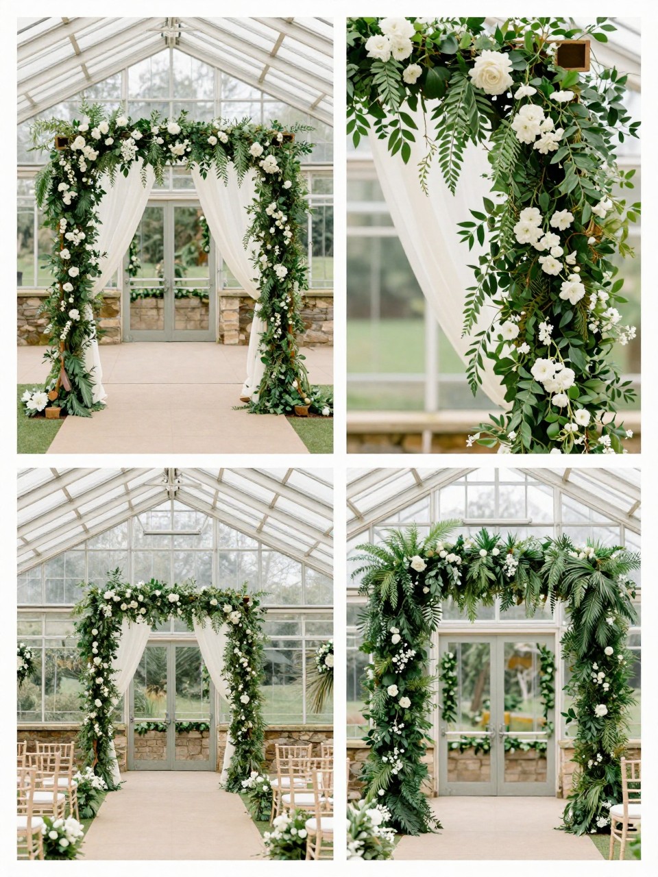 A professional 4-grid wedding decor collage showing a glass greenhouse wedding ceremony arch wrapped in greenery, top-left image featuring a slim arch covered in fresh greenery, white flowers, and soft draping set inside a greenhouse aisle, top-right image showing close-up vines and floral clusters wrapped around the arch, bottom-left image showing the ceremony chairs and aisle leading toward the arch, bottom-right image showing matching greenery details around the ceremony entrance, botanical wedding decor, natural daylight, no people, no faces, no watermarks on images.