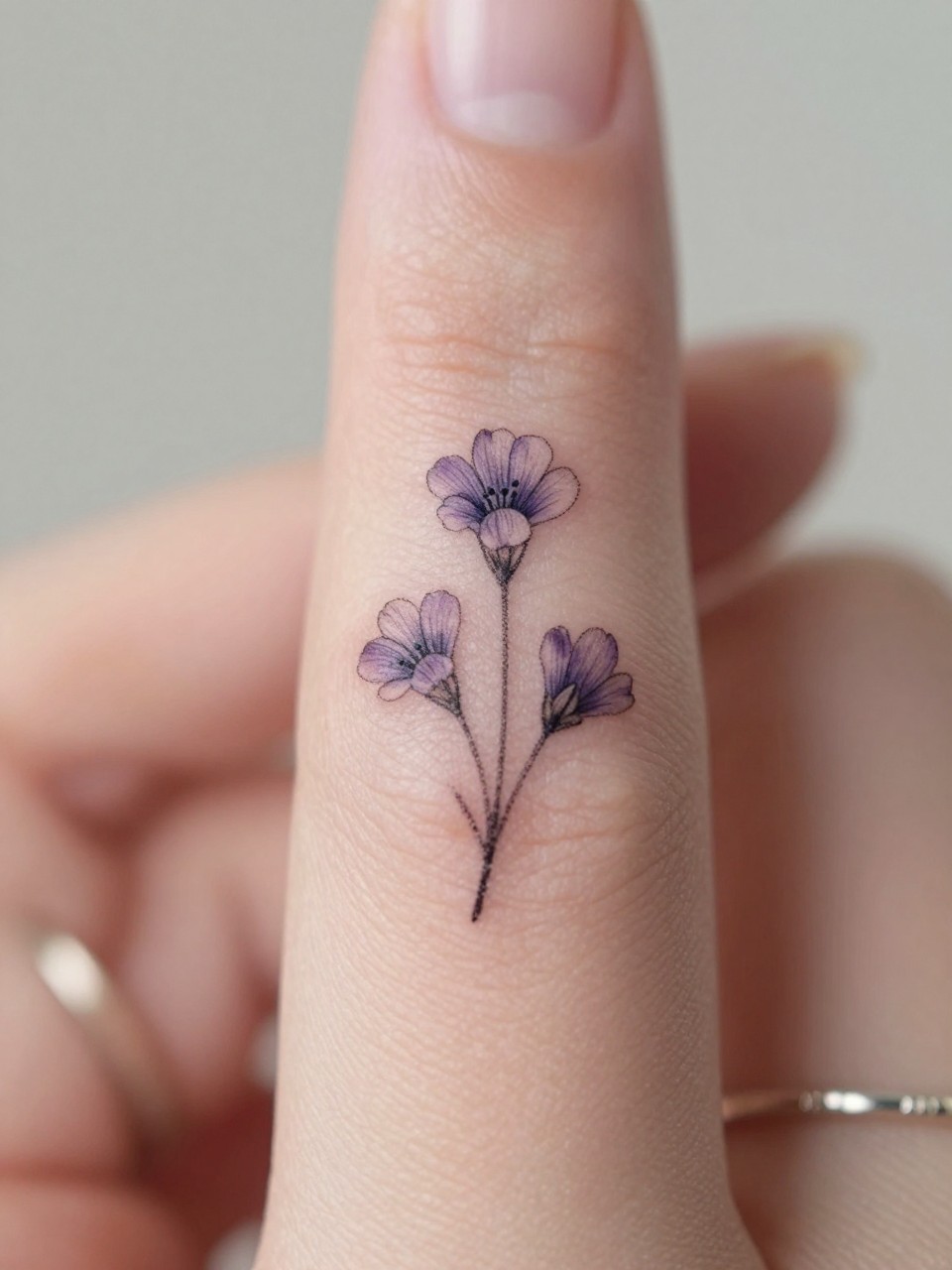 Image Prompt: "Macro shot of a micro violet tattoo on the side of the finger, black ink fine line floral design, tiny stem and delicate rounded petals, minimalist micro tattoo style, realistic skin texture, delicate rings, neutral manicure, very tight crop, soft blurred background, feminine tattoo inspiration photo with tattoo as the main focus (no watermarks on images)"