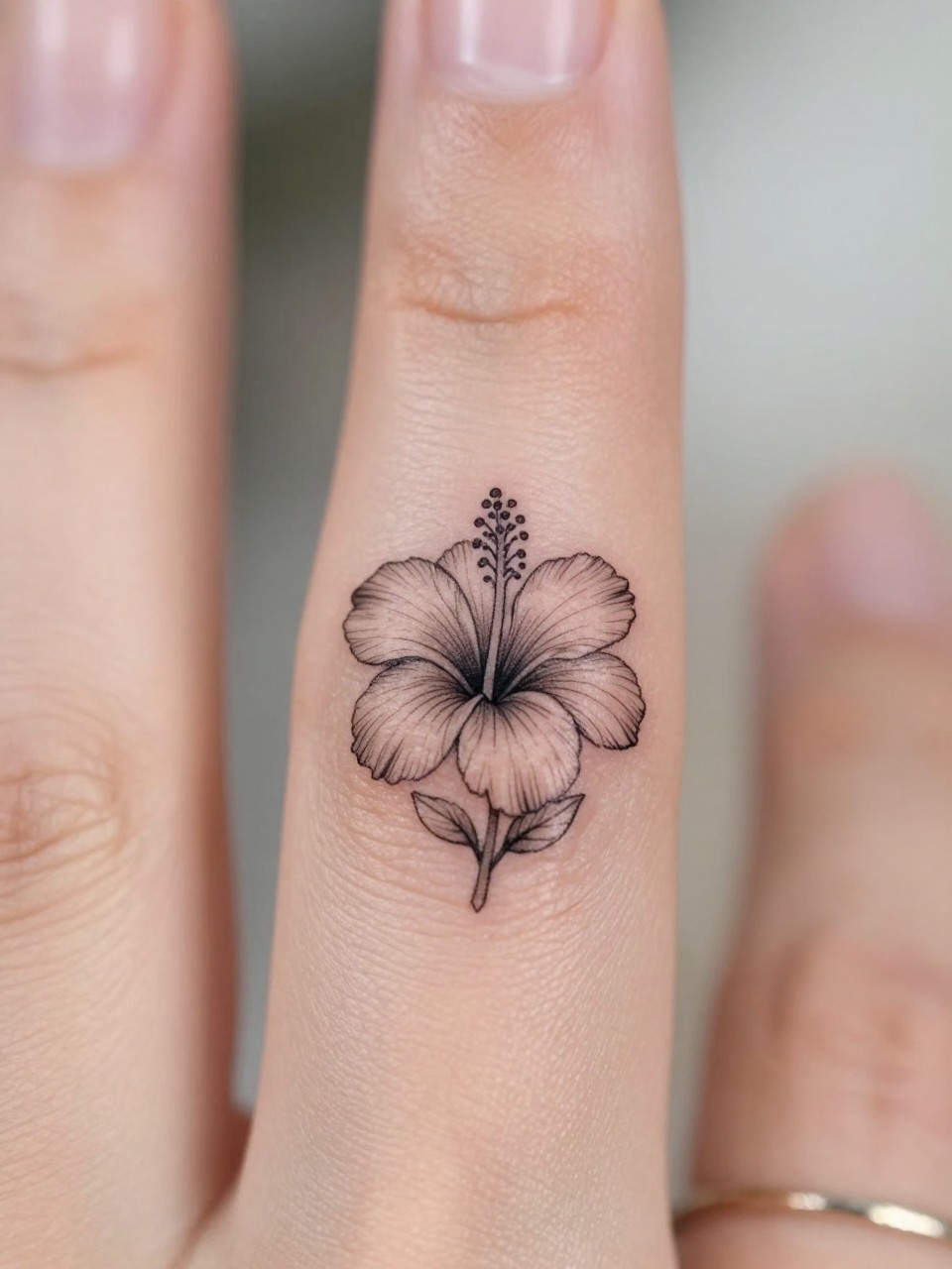 Image Prompt: "Extreme close-up of a micro hibiscus tattoo on the side of the finger, black ink fine line floral design, tiny stem and delicate open petals, minimalist micro tattoo style, realistic skin texture, delicate rings, neutral manicure, very tight crop, soft blurred background, feminine tattoo inspiration photo with tattoo as the main focus (no watermarks on images)"