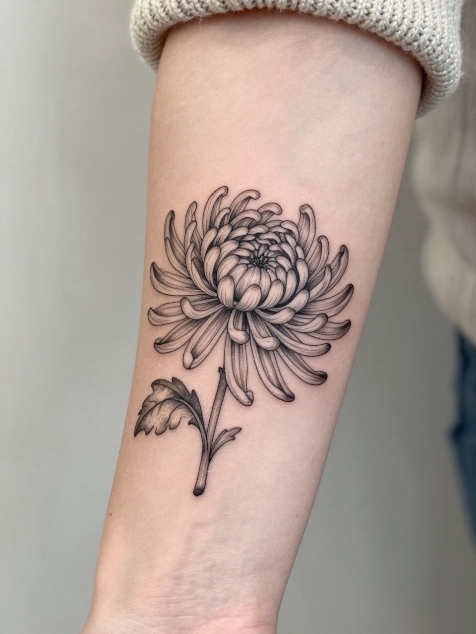 Image Prompt: "Extreme close-up of a fine line November flower chrysanthemum tattoo on the forearm, delicate black ink floral design with many thin layered petals, subtle grey shading, realistic skin texture, neutral manicure, soft knit sleeve slightly visible, design-focused close-up, feminine modern tattoo inspiration photo, minimal soft background, tattoo is the clear main subject (no watermarks on images)"
