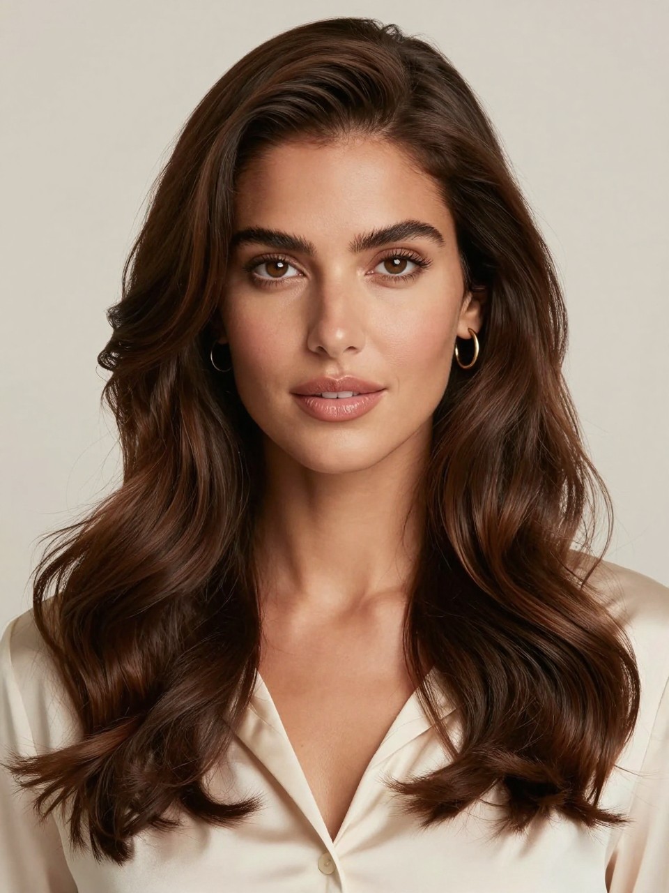 Image Prompt: A beautiful woman with brown eyes and long chocolate brown hair, rich medium-dark brown shade with soft warm undertones, center part, loose glossy waves, smooth healthy shine, warm medium skin tone, soft natural makeup, glossy nude lips, small gold hoop earrings, cream satin blouse, clean neutral studio background, soft diffused lighting, realistic DSLR beauty editorial portrait, detailed brunette shine and smooth wave texture, no text, (no watermarks on images)