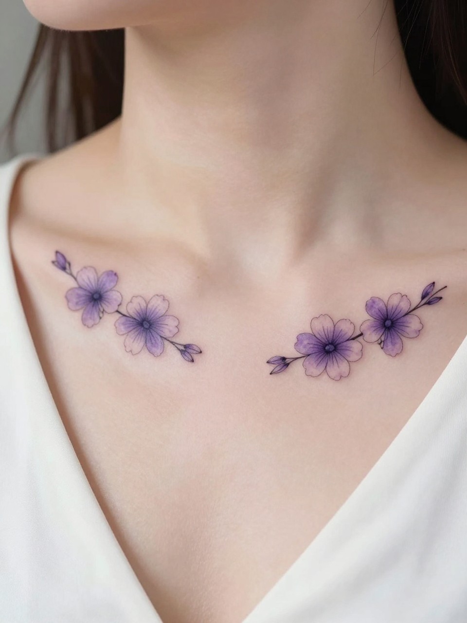 Image Prompt: "Close-up of two tiny violet tattoos along the collarbone, black ink fine line floral design with soft rounded petals and light shading, realistic skin texture, silk blouse neckline barely visible, feminine clean composition, close-up tattoo visibility, soft minimal background, tattoo is the clear main subject (no watermarks on images)"