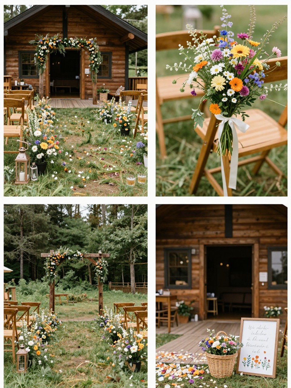 A professional 4-grid wedding decor collage showing wildflower aisle decor for a cabin wedding, top-left image featuring an outdoor aisle beside a cabin lined with loose wildflower arrangements and lanterns, top-right image showing close-up wildflowers tied to wooden chairs with ribbon, bottom-left image showing the aisle leading to a rustic ceremony arch, bottom-right image showing a basket of petals and small floral sign near the ceremony entrance, woodland cabin wedding setting, natural light, no faces, no watermarks on images.