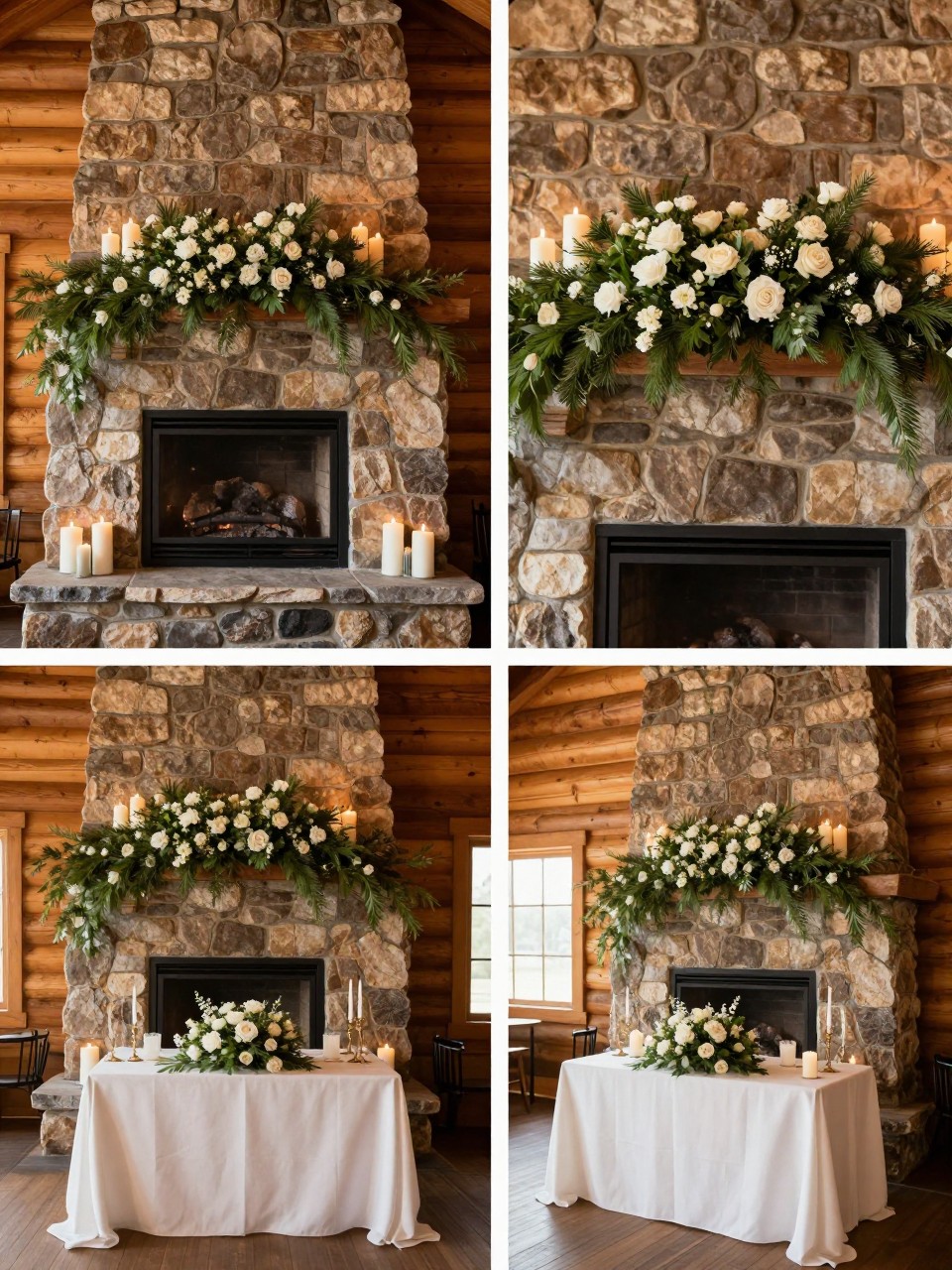 A professional 4-grid wedding decor collage showing cabin wedding decor around a stone fireplace, top-left image featuring a large stone fireplace covered with greenery, white flowers, candles, and soft fabric, top-right image showing close-up mantel florals with pine, roses, and candle clusters, bottom-left image showing a sweetheart table placed in front of the fireplace, bottom-right image showing a cake table near the fireplace with matching floral styling, cozy cabin wedding interior, editorial decor photography, no faces, no watermarks on images.
