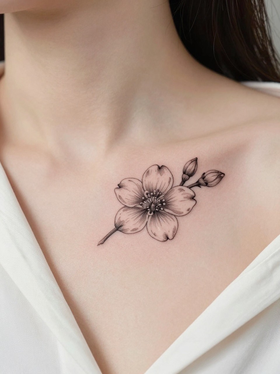 Image Prompt: "Design-focused close-up of a small dogwood flower tattoo on the collarbone, black ink fine line design with delicate rounded petals and a neat floral center, soft shading, realistic skin texture, silk blouse neckline barely visible, feminine clean composition, close-up tattoo visibility, soft minimal background, tattoo is the clear hero (no watermarks on images)"