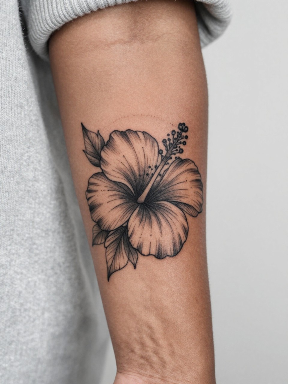 Image Prompt: "Extreme close-up of a hibiscus flower tattoo with a soft dotwork halo on the forearm of a black woman, black ink floral design with open petals, subtle grey shading, delicate dotted accents, realistic skin texture, neutral manicure, soft knit fabric slightly visible, design-focused tattoo inspiration photo, clean minimal background (no watermarks on images)"