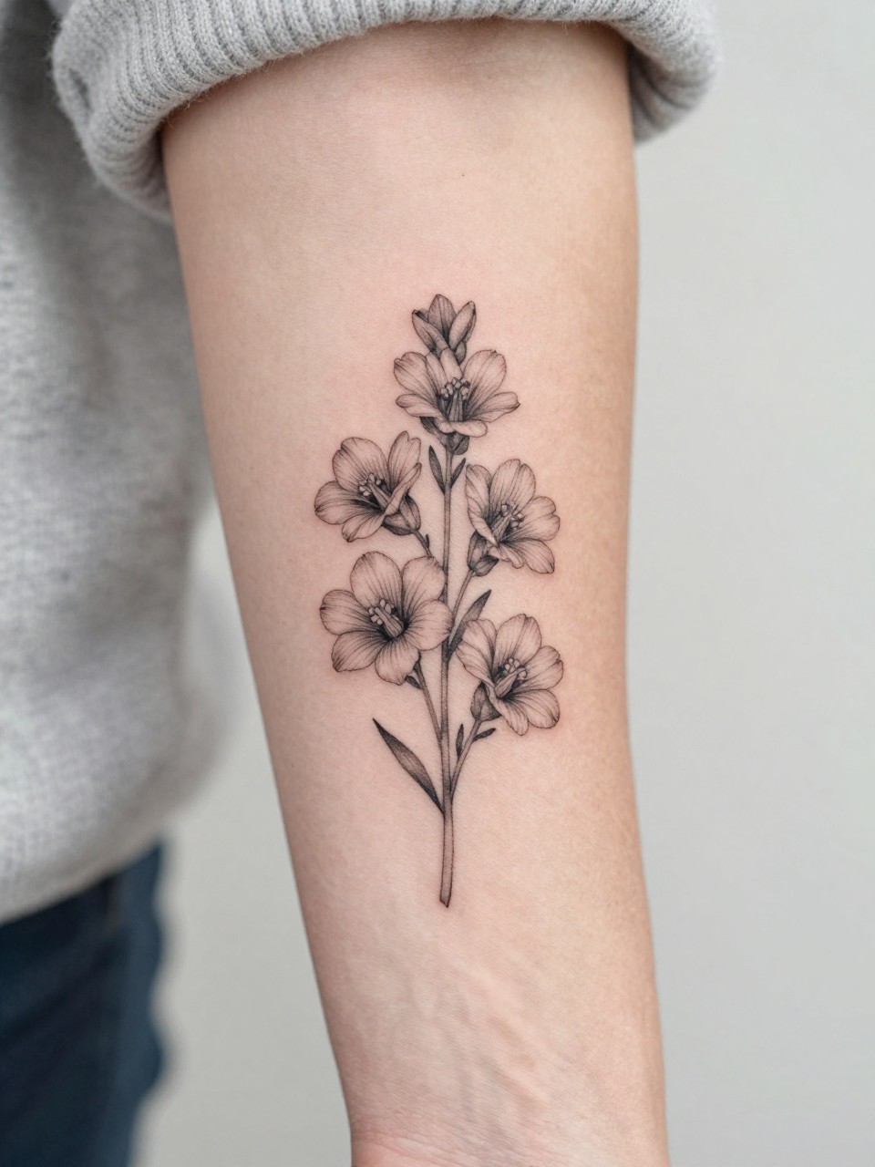 Image Prompt: "Extreme close-up of a small larkspur bouquet tattoo on the forearm, black ink fine line floral design with multiple delicate blooms, soft shading, elegant stem arrangement, realistic skin texture, neutral manicure, soft knit fabric slightly visible, design-focused tattoo inspiration photo, clean minimal background (no watermarks on images)"