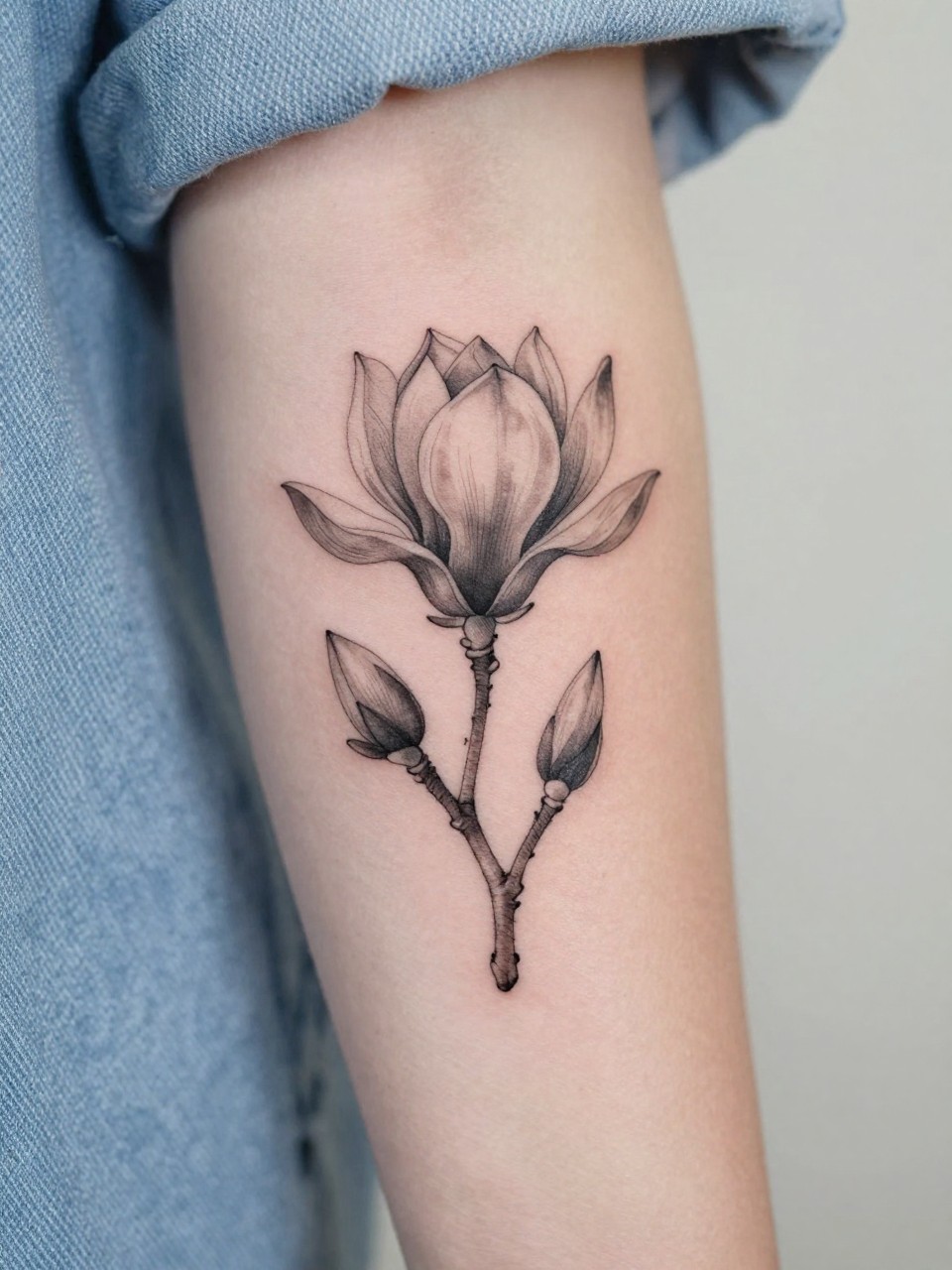 Image Prompt: "Close-up of a single magnolia stem tattoo on the forearm, black ink fine line floral design with soft open bloom, slender stem, soft grey shading, realistic skin texture, light denim sleeve softly blurred near the edge, design-first composition, feminine modern tattoo inspiration photo, minimal background (no watermarks on images)"