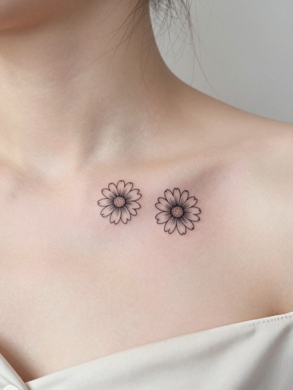 Image Prompt: "Close-up of two tiny daisy tattoos along the collarbone, black ink fine line floral design with soft open petals and light shading, realistic skin texture, silk blouse neckline barely visible, feminine clean composition, close-up tattoo visibility, soft minimal background, tattoo is the clear main subject (no watermarks on images)"