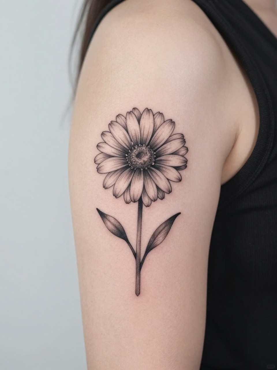 Image Prompt: "Close-up of a daisy tattoo on the upper arm, black ink floral design with fine line open petals and soft grey shading, medium-size composition, realistic skin texture, sleeveless blouse edge softly visible, modern feminine tattoo inspiration image, minimal clean background, tattoo dominates the image (no watermarks on images)"