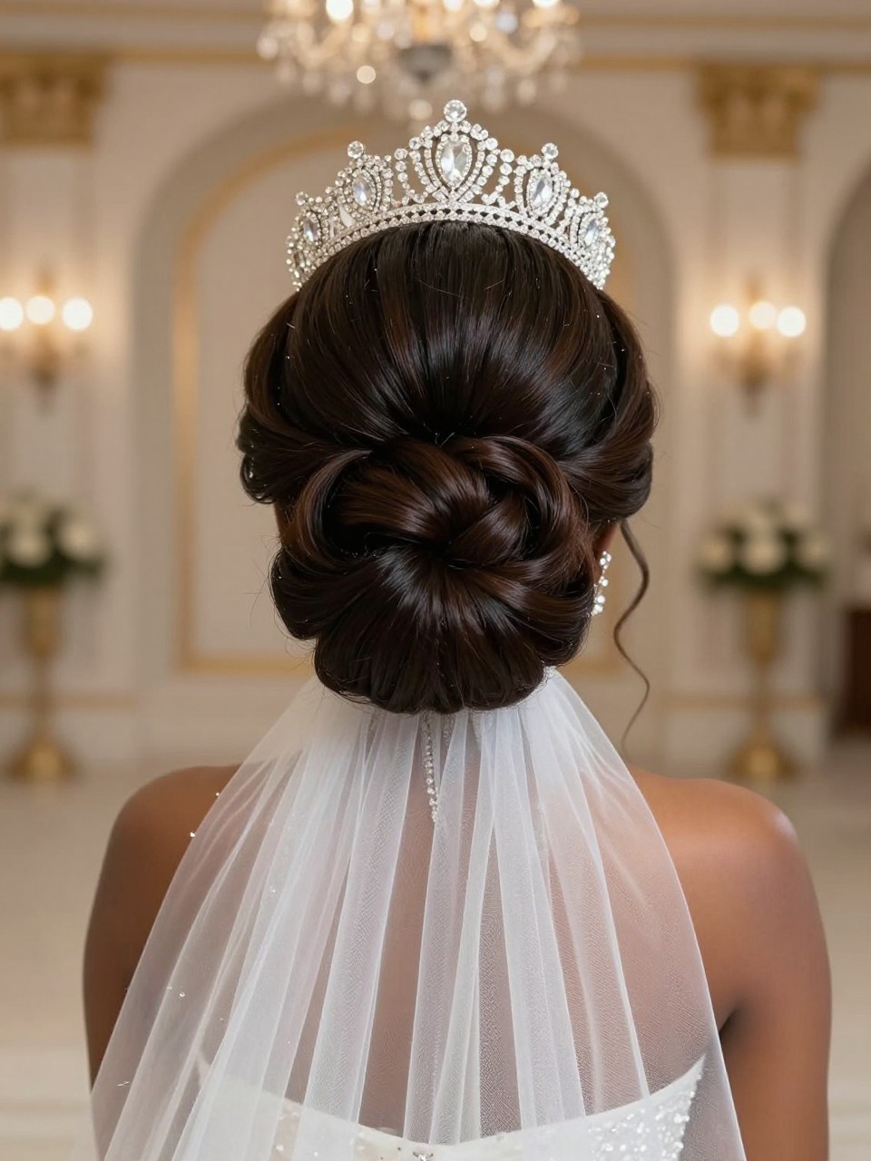 A photorealistic black woman bridal hairstyle from the back showing a large voluminous bridal bun with smooth pinned sections, a royal crystal tiara placed above the bun, dark brown hair, long sheer veil flowing from beneath the bun, ornate ballroom wedding setting softly blurred, grand bridal style, no text, no watermark, no watermarks on images.