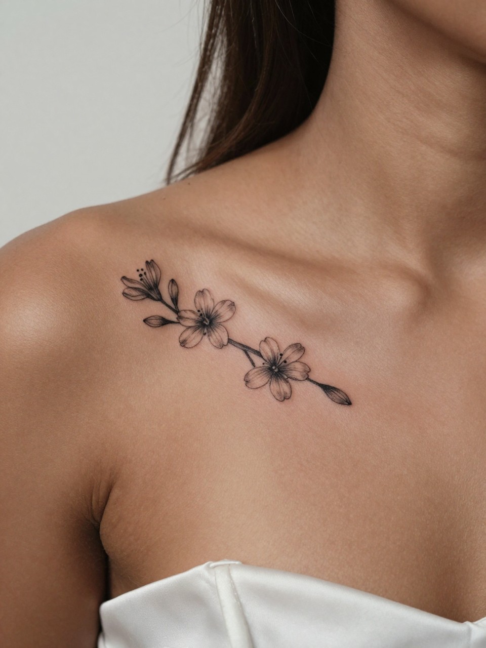 Image Prompt: "Close-up of two tiny sampaguita tattoos on dark skin along the collarbone, black ink fine line floral design with soft small blooms and light shading, realistic skin texture, satin blouse neckline barely visible, feminine clean composition, close-up tattoo visibility, soft minimal background, tattoo is the clear main subject (no watermarks on images)"