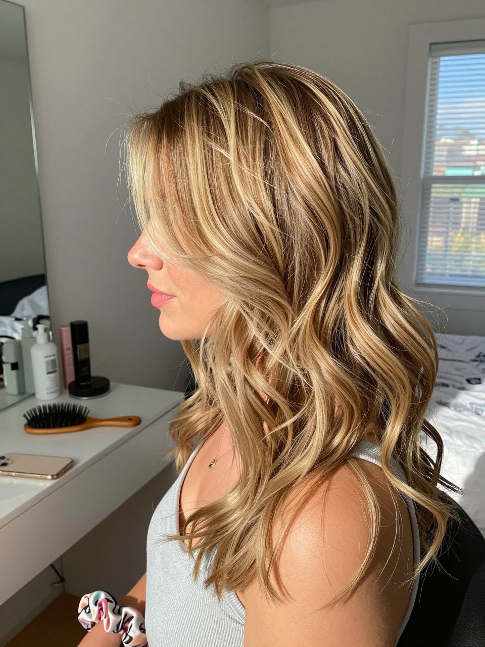 Photo of a woman wearing sun-kissed blonde money piece highlights with soft face-framing waves, side profile view, sun-drenched bedroom setting, natural window light, with a silk scrunchie on her wrist and a hairbrush on the vanity, latest iPhone photo quality.