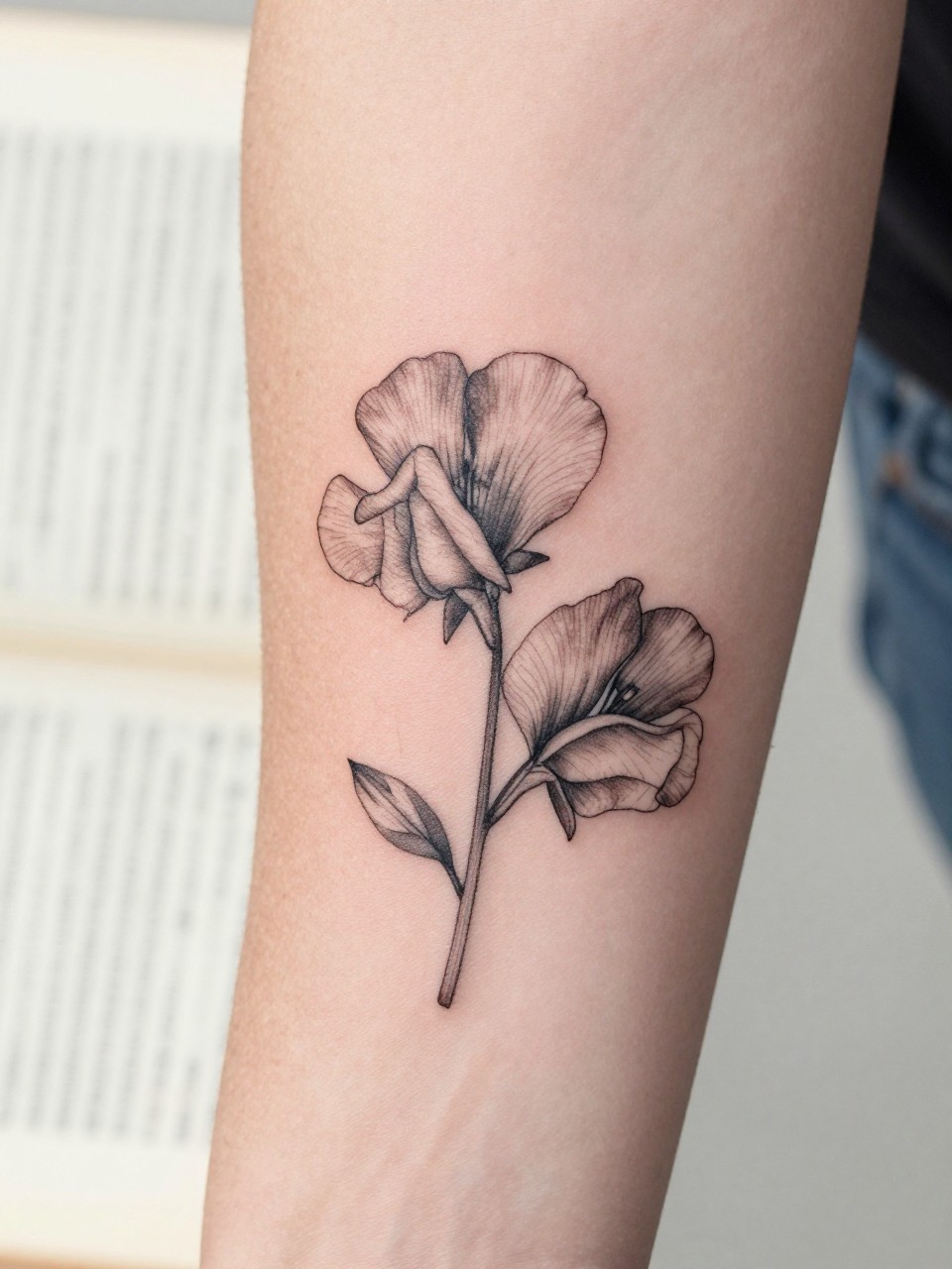 Image Prompt: "Extreme close-up of a sweet pea flower tattoo with tiny handwritten name script on the inner forearm, black ink fine line floral design, delicate petals, soft shading, elegant cursive detail, realistic skin texture, book page underneath the arm, feminine soft lifestyle context, clean background, tattoo-centered inspiration photo (no watermarks on images)"