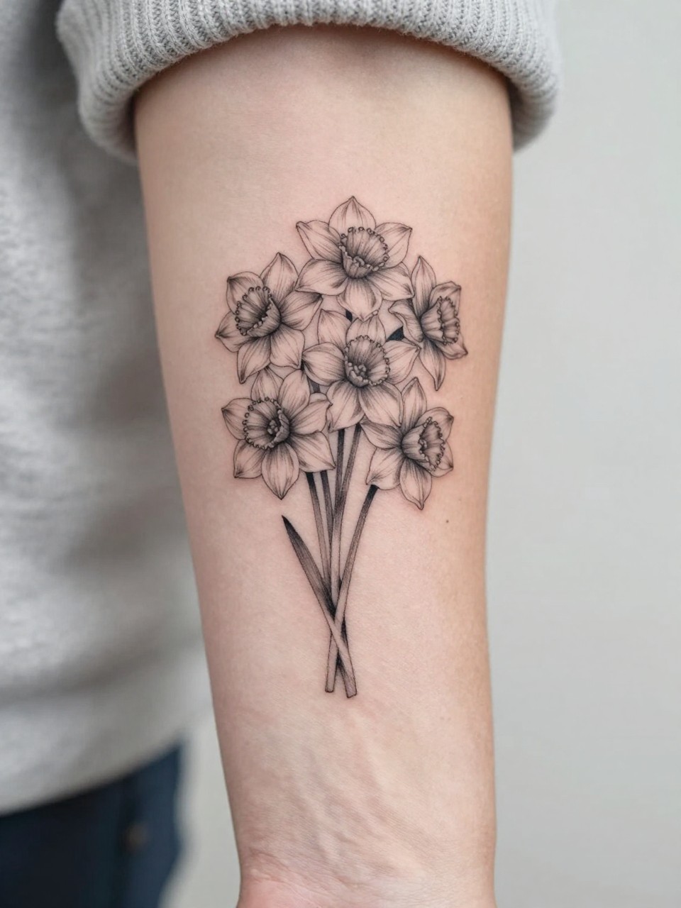Image Prompt: "Extreme close-up of a small narcissus bouquet tattoo on the forearm, black ink fine line floral design with multiple delicate blooms, soft shading, elegant stem arrangement, realistic skin texture, neutral manicure, soft knit fabric slightly visible, design-focused tattoo inspiration photo, clean minimal background (no watermarks on images)"