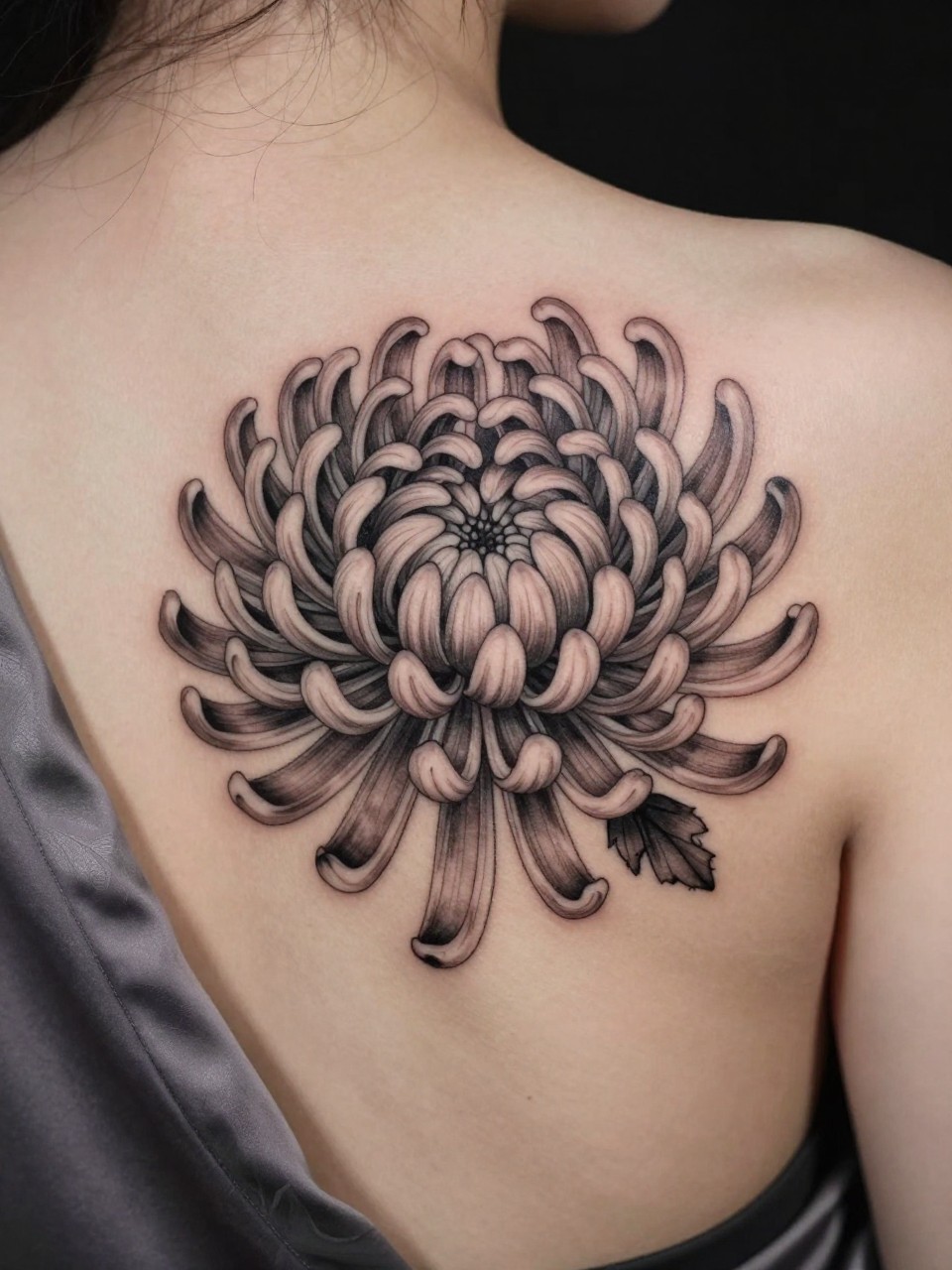 Image Prompt: "Extreme close-up of a chrysanthemum flower tattoo on the upper back, black and grey ink with many fine petals, soft shading, detailed floral texture, realistic skin texture, silk robe edge softly visible, feminine modern tattoo inspiration photo, minimal background, tattoo occupies most of the visual attention (no watermarks on images)"