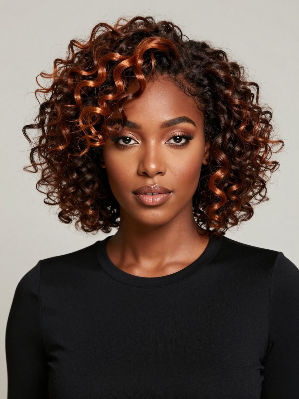 Image Prompt: A stylish Black woman with dark curly hair and bold ginger money piece highlights framing the face, dark base color with bright copper front sections, defined curls with shine, warm deep skin tone, glossy lips, subtle bronzed makeup, black fitted top, studio portrait with clean neutral background, soft lighting, realistic DSLR beauty photo, close-up focus on facial framing color, no text, (no watermarks on images)