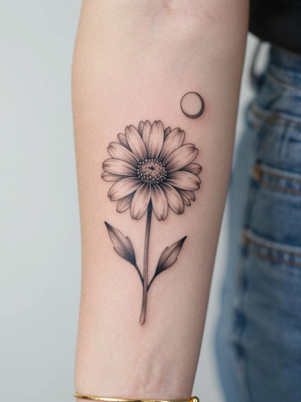 Image Prompt: "Design-focused close-up of a daisy tattoo with a tiny crescent moon on the inner arm, black ink fine line floral design, open petals, soft shading, delicate celestial accent, realistic skin texture, gold bracelet lightly visible, feminine modern tattoo inspiration photo, clean soft background, tattoo is the hero (no watermarks on images)"