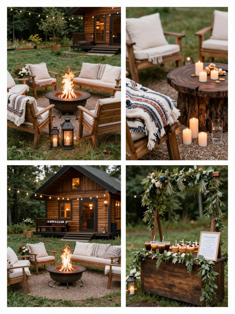 A professional 4-grid wedding decor collage showing an outdoor fire pit lounge for a cabin wedding, top-left image featuring a cozy fire pit area with wooden benches, blankets, lanterns, and small floral touches, top-right image showing close-up blankets, candles, and rustic side tables, bottom-left image showing the lounge set beside a cabin under string lights, bottom-right image showing a hot drink or dessert station near the fire pit with greenery and signage, evening cabin wedding decor, no faces, no watermarks on images.