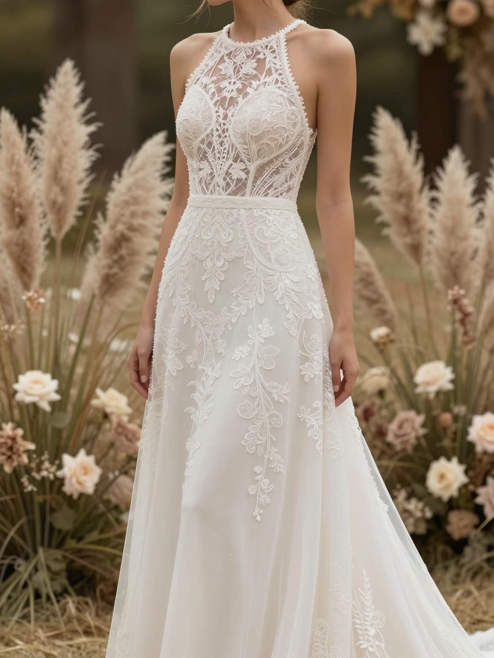 Image Prompt: A luxury bridal editorial photo of a boho halter neck wedding dress in an outdoor ceremony setting with pampas grass, soft neutral florals, and warm natural light. Show the bride from the neck down or from a back-facing angle with the face fully hidden. The gown has a relaxed halter neckline, crochet lace or soft embroidery, fitted waist, and flowing skirt with gentle movement. Use realistic fabric texture, earthy bridal styling, professional editorial quality, no visible face, no text, no watermark. (no watermarks on images)