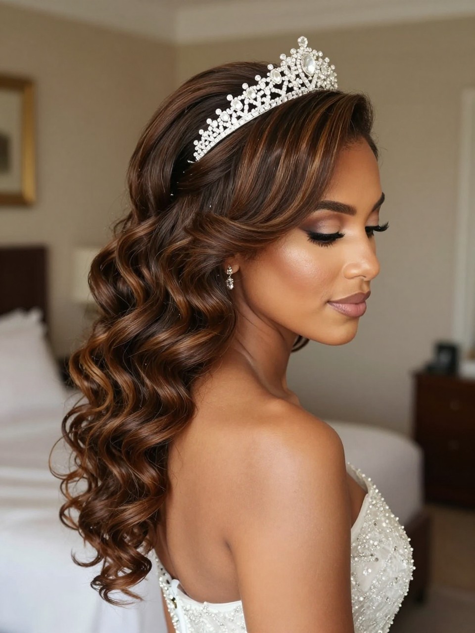 A photorealistic wedding hairstyle photo showing side-swept curls pinned over one shoulder of a brown skinned woman, soft volume at the roots, a sparkly crystal tiara placed above the side part, warm brown hair with subtle highlights, one-shoulder wedding gown, delicate earrings, soft glam bridal makeup, luxury hotel bridal suite setting, no text, no watermark, no watermarks on images.