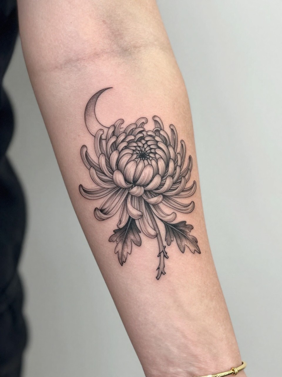 Image Prompt: "Design-focused close-up of a chrysanthemum tattoo with a tiny crescent moon on the inner arm, black ink fine line floral design, many thin petals, soft shading, delicate celestial accent, realistic skin texture, gold bracelet lightly visible, feminine modern tattoo inspiration photo, clean soft background, tattoo is the hero (no watermarks on images)"