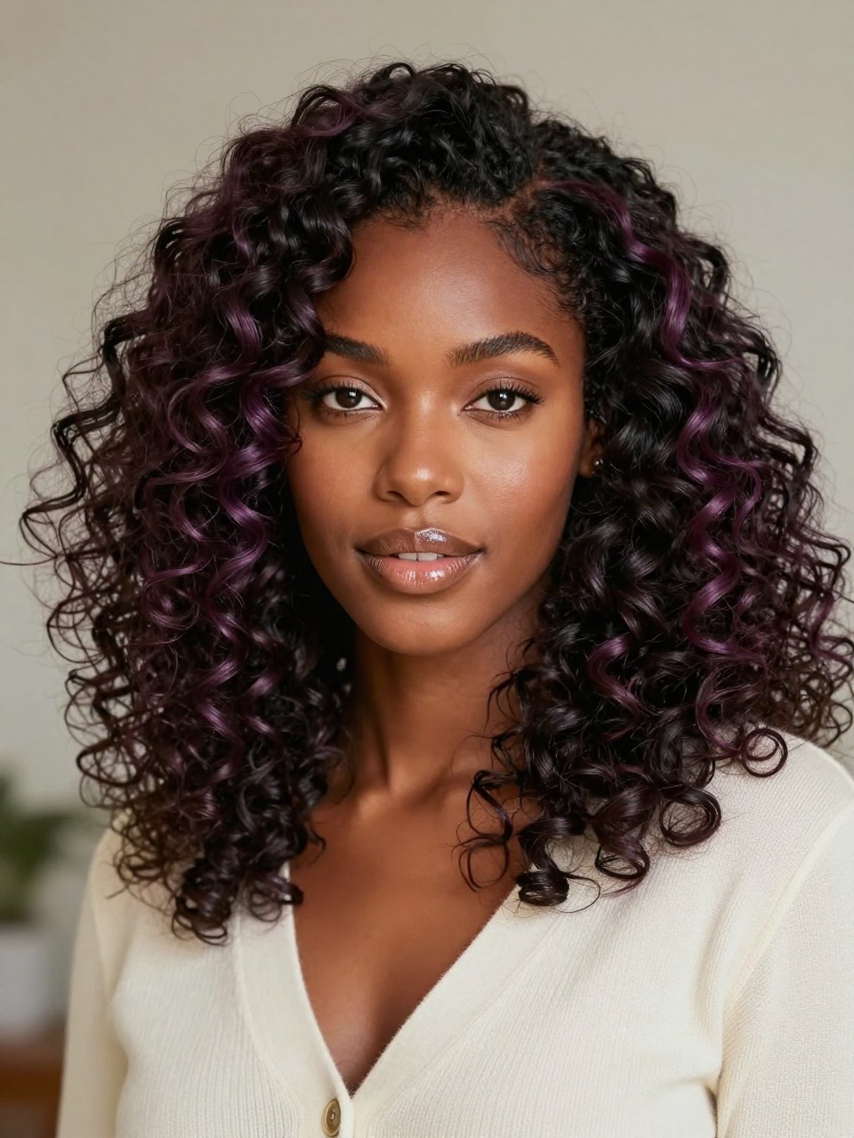 Image Prompt: A beautiful Black woman with dark curly hair and plum highlights, rich black-brown base with soft purple-plum pieces throughout the curls and around the face, defined curl pattern with shine, warm brown skin, natural glowing makeup, glossy nude lips, cream cardigan, soft indoor setting with neutral background, diffused daylight, realistic beauty editorial portrait, close-up detailed hair texture and color contrast, no text, (no watermarks on images)